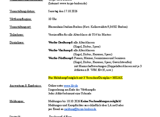 Werfertage in Borken und Zennern plus Bestenliste